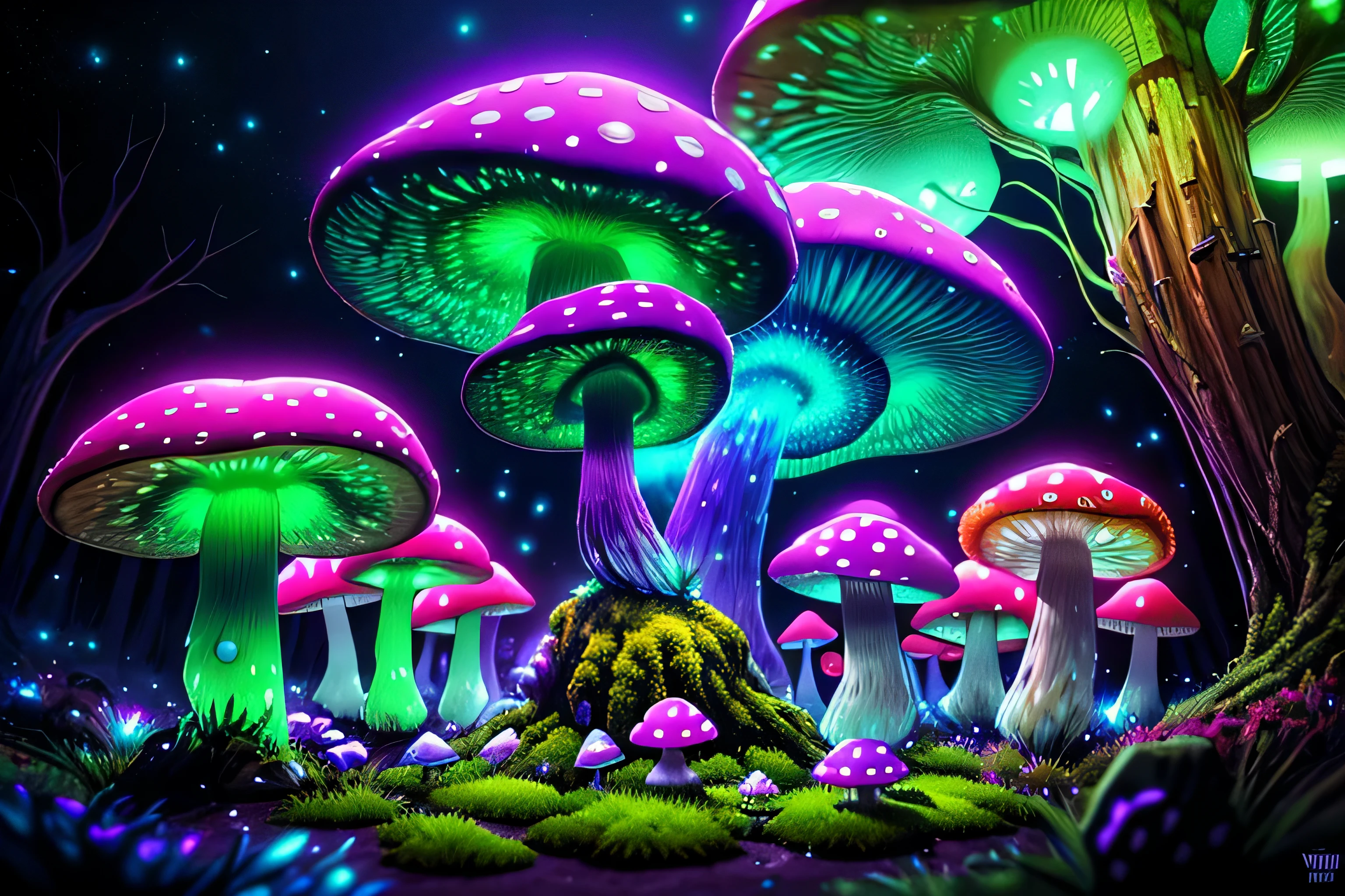 (very detailed:1.2),(highest quality:1.2),8K,sharp focus, (Scattered beneath the surface:1.1)
(Glowing magical bioluminescent mushrooms:1.2),cideric magic particles in the air, (neon bioluminescent mushroom forest at night:1.2), (magic firefly:1.2)
(very detailed木、rock、moss:1.2), (very detailed background:1.3), RPG, elden ring style, (fantasy:1.3),(surreal:1.1), (((night))), cinematic lighting, very detailed, art station,Smooth, sharp focus, art germ, greg latkowski, Editor's Picks, trending on art station, trending on deviantart, WLOP, (contrast:0.4),