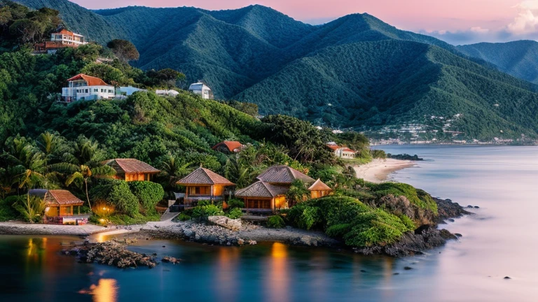 architecture, beach resort, vine, trees, cloud, sunset, vivid colours, sky, masterpiece,best quality,super detailed,realistic,photorealistic, 8k, sharp focus, a photo of a building day light, sun, cloud, RAW Photo, RAW texture, Super Realistic, 32K UHD, DSLR, soft lighting, high quality, film rating, Fujifilm XT3