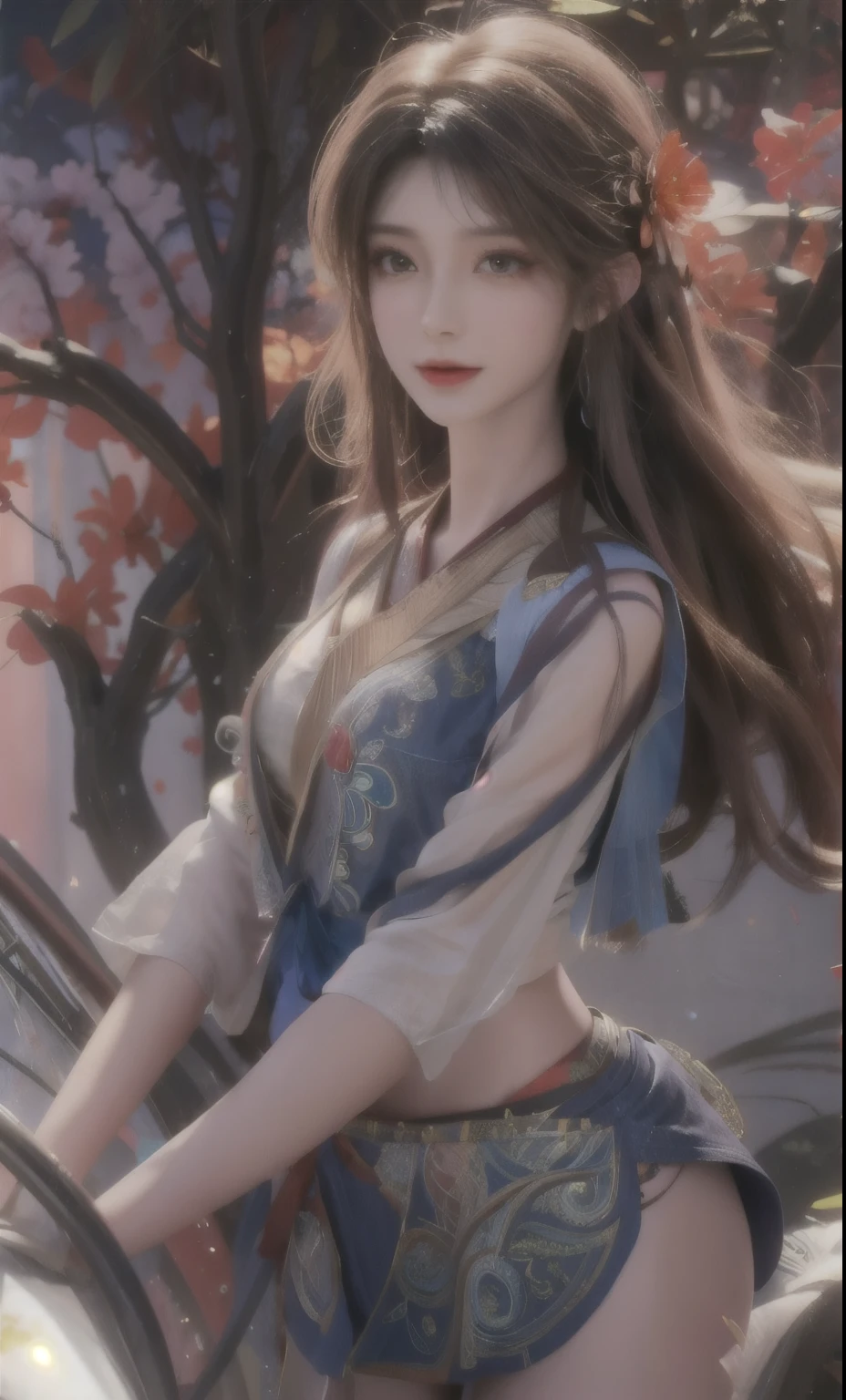 best quality,girl,slim,brown eyes,Hair color,rainbow colors,long hair,White,medium,pretty,sexy,big-areola,Near the future,bikini,bare skin,night,Psychedelic,trip,Extreme colors,Paisley,high color,Mandala Theme,open legs,eye shadow,Fake eyelashes,blush,Mechanical left arm,Smile,Plump the body,Brilliant colors,Navel exposed,White内衣,blue clothes
