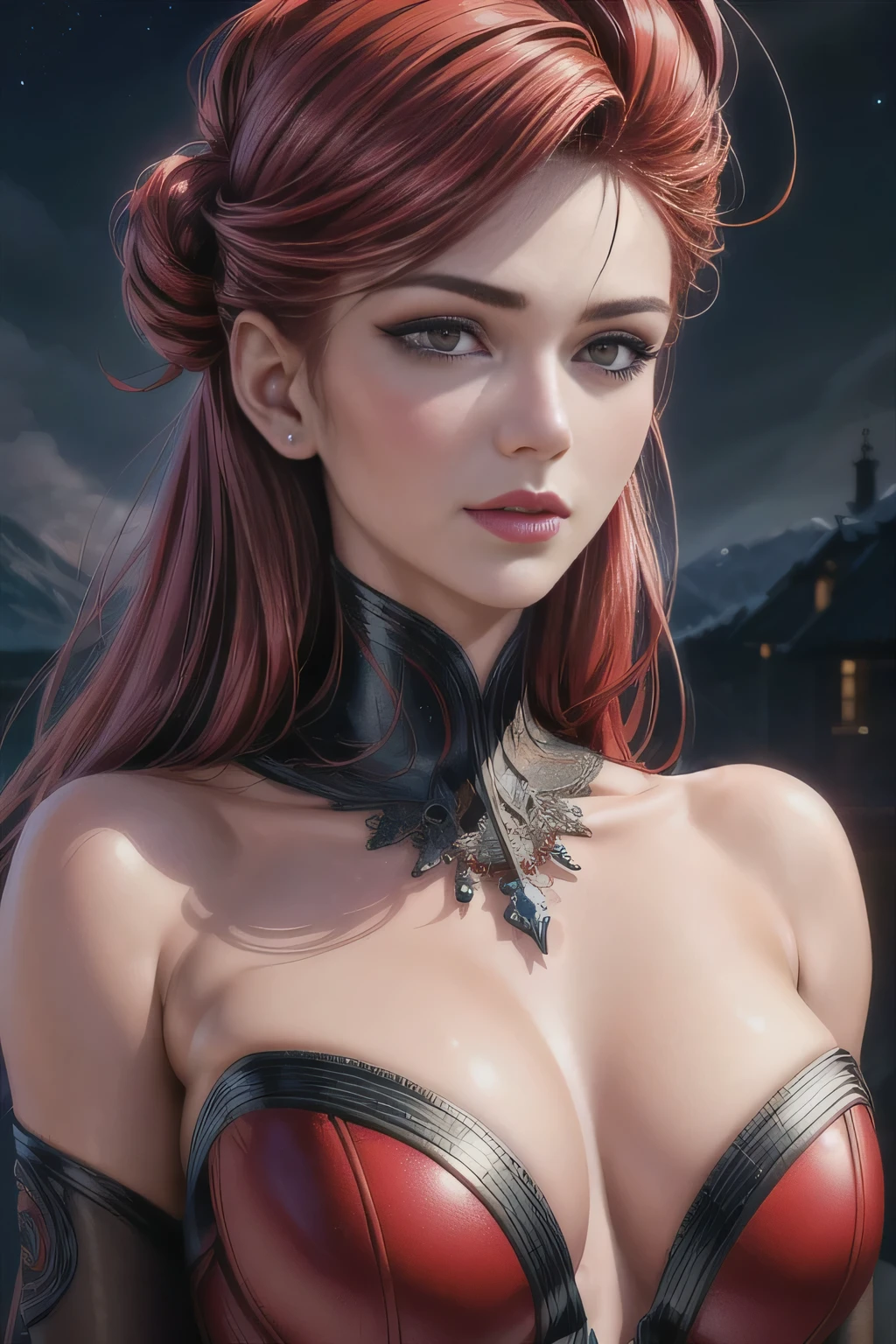 portrait shot, ((vivid red hair)), mature woman, 30 years old, diamond face, moonlight, red starry sky background, depth of field, magic, big red lips, ((dark and red black eyes)) black and red long and full dress, covered chest, mystical atmosphere, ominous shadows, Intense blue aura, Intense red aura (best quality:1.2), absurdres, intricate details, (highly detailed skin:1.2), smile expression, posing, taut and well defined body, attractive. Highly realistic, pale skin, beautiful, hyperrealism, skin very elaborated, direct gaze, (RAW, analogue, Nikon Z 14mm ultra-wide angle lens, award-winning glamour photograph, ((best quality)), ((masterpiece)), ((realistic)), skin pores, subsurface scattering, high-res, detailed facial features, high detail, sharp focus, smooth, aesthetic, extremely detailed, (extremely detailed eyes, extremely detailed iris), extremely detailed hair, extremely detailed skin, extremely detailed clothes, octane render, photorealistic, realistic, post-processing, max detail, realistic shadows, roughness, natural skin texture, real life, ultra-realistic, photorealism, photography, 8k UHD, photography, hdr, intricate, elegant, highly detailed, sharp focus, stunning, beautiful, gorgeous), realistic, masterpiece, highest quality, movie still, cloud girl, floating in the sky, (close-up:1.1), medium breast, bright, happy, fun, soft lighting,
