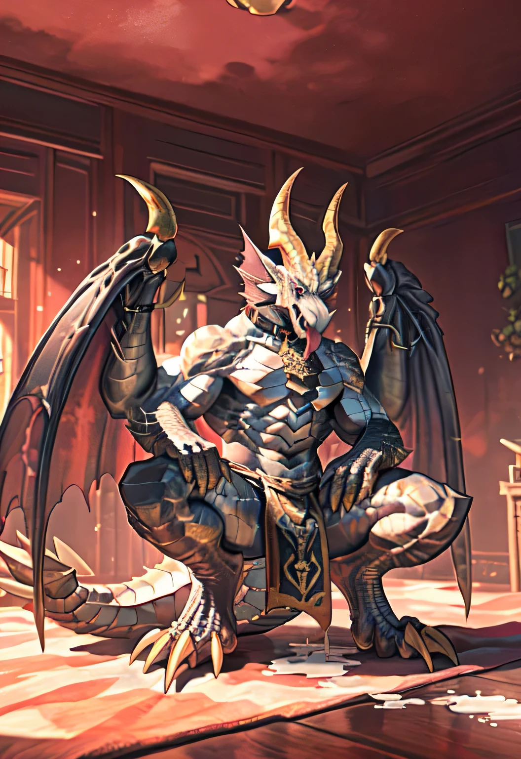 Solitary, (muscular), (Male human dragon):1.3, Bright scales, (Kamiaki):1.3, (Common:1.4) (pray):1.23, (，Wearing a short white loincloth）, Exquisite eyes, Lizard Tail,A pair of dragon horns, A pair of dragon wings, (Exquisite eyes，stripe，Sharp claws，Cute animal paws，Sticking out tongue，Sloppy person，Liquid splashed all over the body，Leakage in the lower body，Fluid leaking from the lower body，Milk spilled all over the floor，Glowing eyes):1.1, (in the room:1.35), In the bedroom，Squatting on the bed，dim，Being licked，enjoy，obsessed， My face turned red，collar，Submit to，Caress，drunk，Smile，enjoy，looking at camera，Submit to，having fun，Detailed background，Realistically，Realistic hands，8k High Dynamic Range，（shadow，Wide dynamic range，High Dynamic Range，emphasize：1.2）