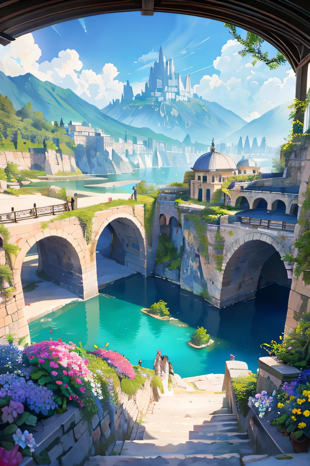 ((highest quality)), ((masterpiece)), (be familiar with),Ancient Civilization、medieval cityscape、underground lake、flower、spectacular scenery、mysterious