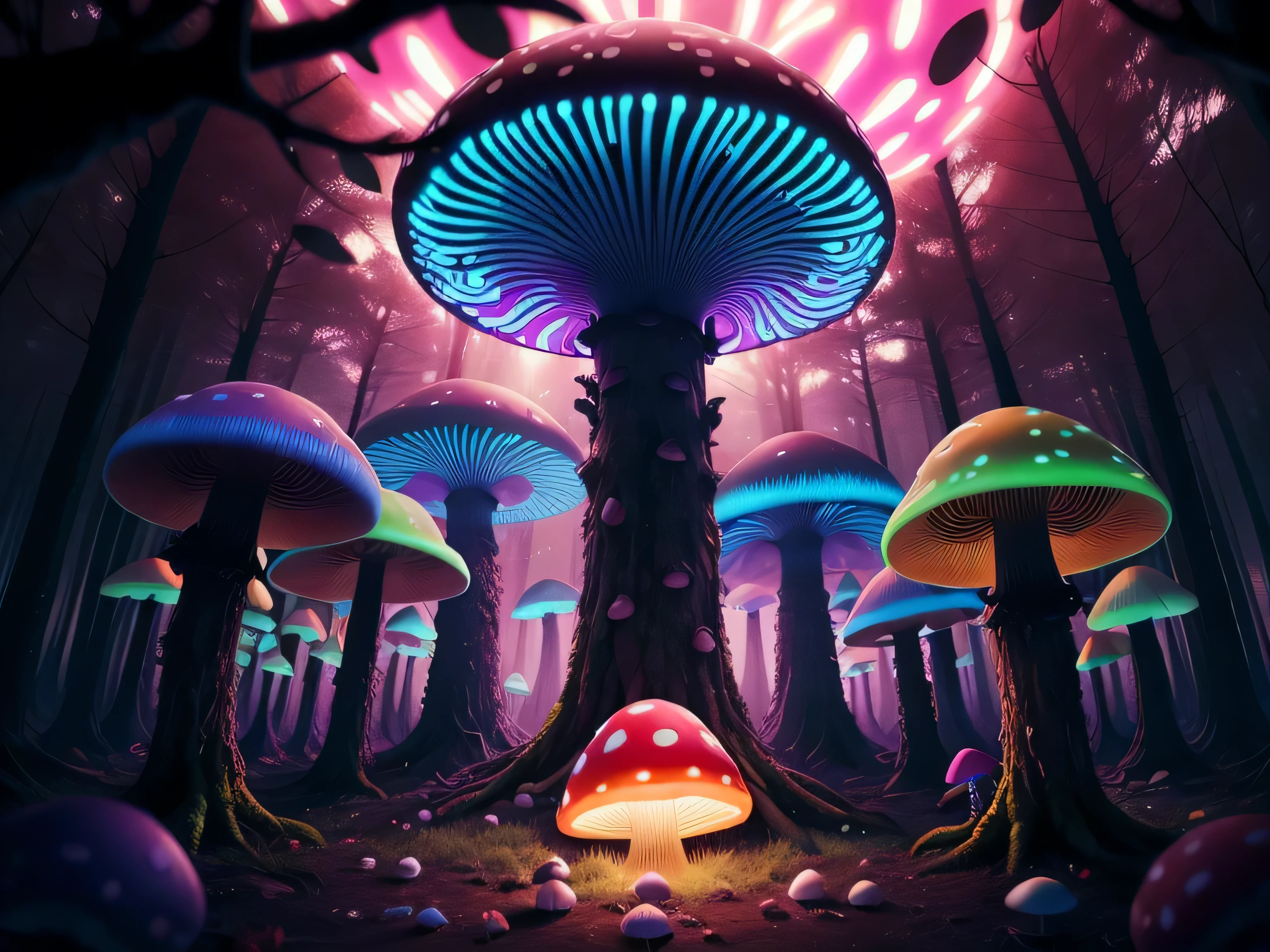 Brightly colored mushrooms in a dark wooded forest, neon mushroom, magic mushroom, Trippy Mushroom, Psychedelic mushroom dream, dark mushroom, nuclear mushroom, quirky art, mushroom forest, Fluorescent mushrooms, just a joke, giant mushroom, glowing mushroom, giant fluorescent bacteria, Psychedelic Forest, psychedelic, psychedelic illustration, alien mushroom with tentacles, magic mushrooms