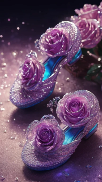 Crystal Slippers and Crystal Roses， fantasy, galaxy, clean, shiny, shiny, brilliant, rich and colorful, amazing photography, dramatic lighting, Photo realism, Super detailed, 4K, depth of field, high resolution