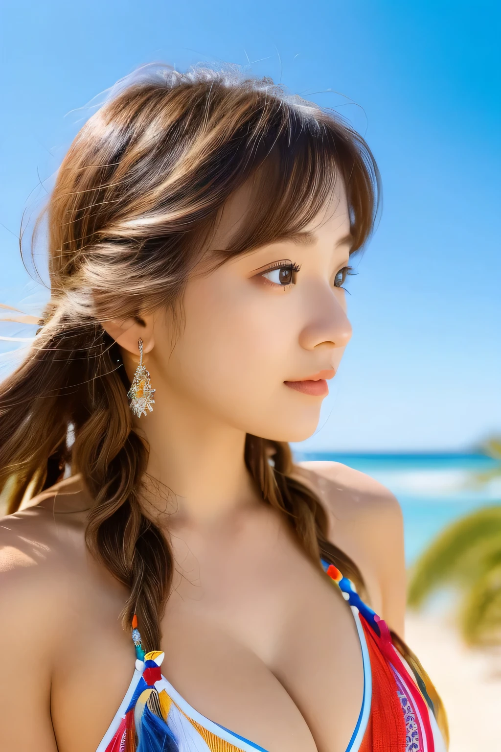 (from below:1),((2 girls)),(Two people facing each other in one image:1.3),light brown fringe long hair、braided hair、messy hair、light brown eyes、(dignified expression)、(colorful micro bikini),(big breasts)、Highlight the valley、beach、Palm tree、blue sky、(Photoreal)、(intricate details:1.2)、(masterpiece、:1.3)、(highest quality:1.4)、(超A high resolution:1.2)、超A high resolution、(detailed eye)、(detailed facial features)、(Self snap:1.2)