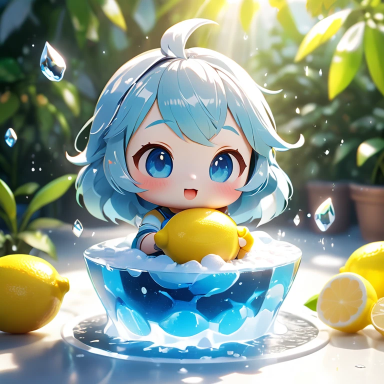 Baby Chibi, ice, lemon, Special Features, Blind box style and popular market style models, sunlight shines in, Octane Rendering and Blender, hyper quality, Sharp features, Ultra HD and 8K resolution,Cool hand-drawn illustrations，fly away