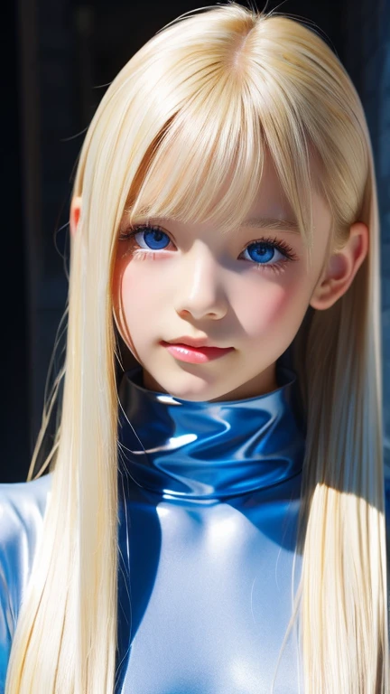 Portrait、、bright look、ponytail、Young, shiny, white, glossy skin、best beauty、blonde reflection、Platinum blonde hair with dazzling highlights、shiny bright hair,、super long silky straight hair、Shining beautiful bangs、Sparkling clear and charming big blue eyes、very beautiful lovely cute 16 year old girl、rich bust