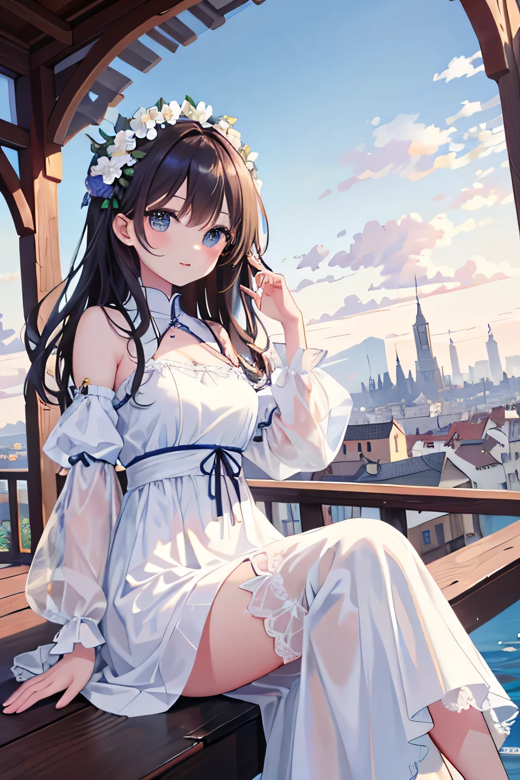 ((highest quality)), ((masterpiece)), (be familiar with),western、medieval cityscape、A lively city、flower、spectacular scenery、detailed landscape、mysterious