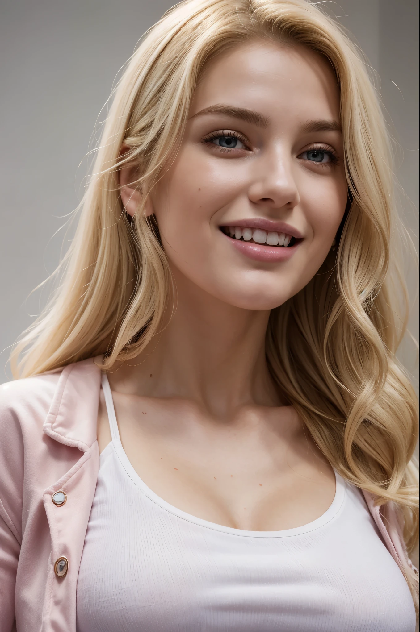 masterpiece, best quality, extremely detailed, hyperrealistic, photorealistic, a beautiful 20s french model, white background, pink jacket:1.2, white t-shirt, ultra detailed face, wavy hair, blonde hair, pale skin, busty breasts, laughing
