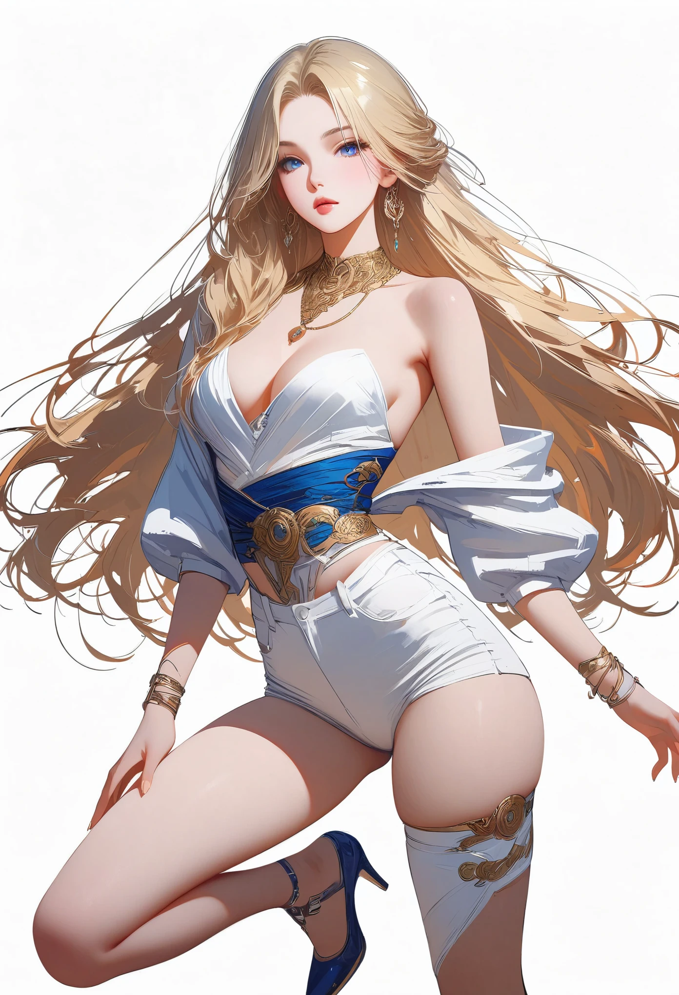 ((masterpiece,best quality,8K,High resolution)),((character concept art)), 1 female, noble, Old money atmosphere, supermodel, fashion model, 35 years old, (long blonde hair), blonde hair, (fair complexion), Super fine eyes (blue eye color), extraordinary gorgeous, grace, charming, clever, calm, Perfect body ((slim and curvaceous)), ((intricate details)), Ultra-delicate hand details, super thin fingers(((Ten fingers))), Wearing a white blazer、White shirt and white pants (stand still), (full body display), ((show the whole body)), (No logos on background), (No logo), ((solid color background)), ((solid color background)), (((empty background)))
