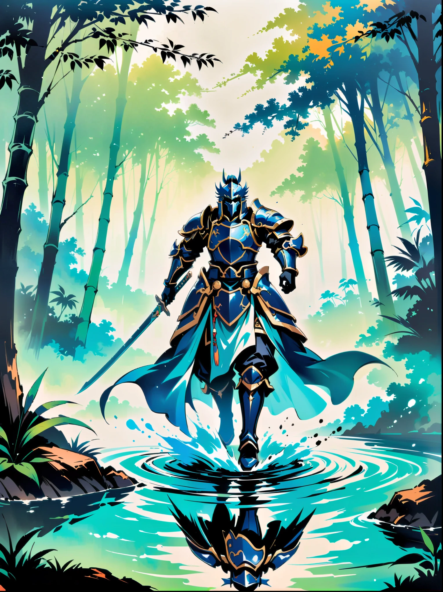 Ink painting,Male knight on the water,A bamboo forest behind,sword,landscape,Ultra HD resolution,Freehand style,majestic,Natural light