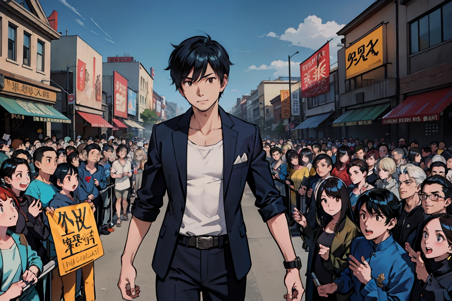 Animated scene of a man standing in front of a crowd, Ross Tran style, by Jungseok Lee, Ross Tran 8 k, Ross Tran著, Written by Jang Seungup, Ross Tran. scenic background, Ross Tran and bayard wu, By Ryan Yee, inspired Ross Tran著, Ross Tran!!!, Gwaites style artwork