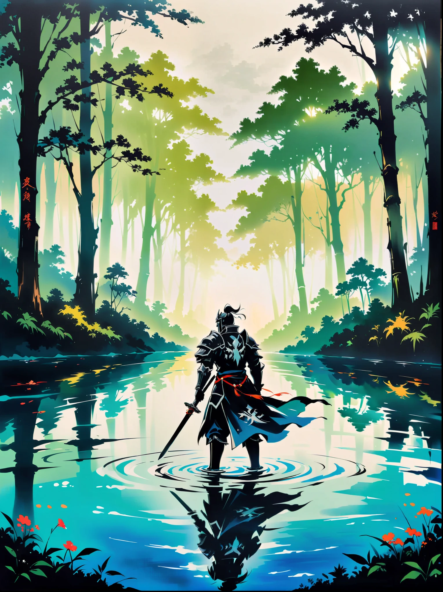 Ink painting，Male knight on the water，A bamboo forest behind，sword，landscape，Ultra HD resolution，Freehand style，majestic，Natural light