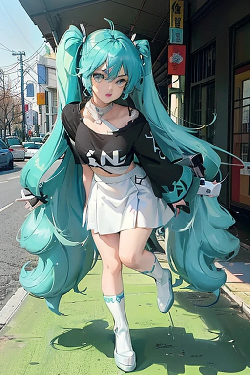 (Seios grandes Hatsune Miku,electronic singer,cabelo verde,Ombros nus,uma saia preta,mangas pretas,(Blusa de cor branca),Roupas brancas,8k,A high resolution,olhos verdes,fundo do concerto,No local do concerto,em concerto,Only beautiful thighs are exposed,the clothes are white,appear on the arm appear un 01,The number is 01,fundo brilhantes ,Leaves', cabelo de alta qualidade 8k ,The eyes of the anime heroine,Olhos de detalhes ultraelevados,olhos de alta qualidade , Olhos de alto detalhe , in bra full body standing looking at public spectator.