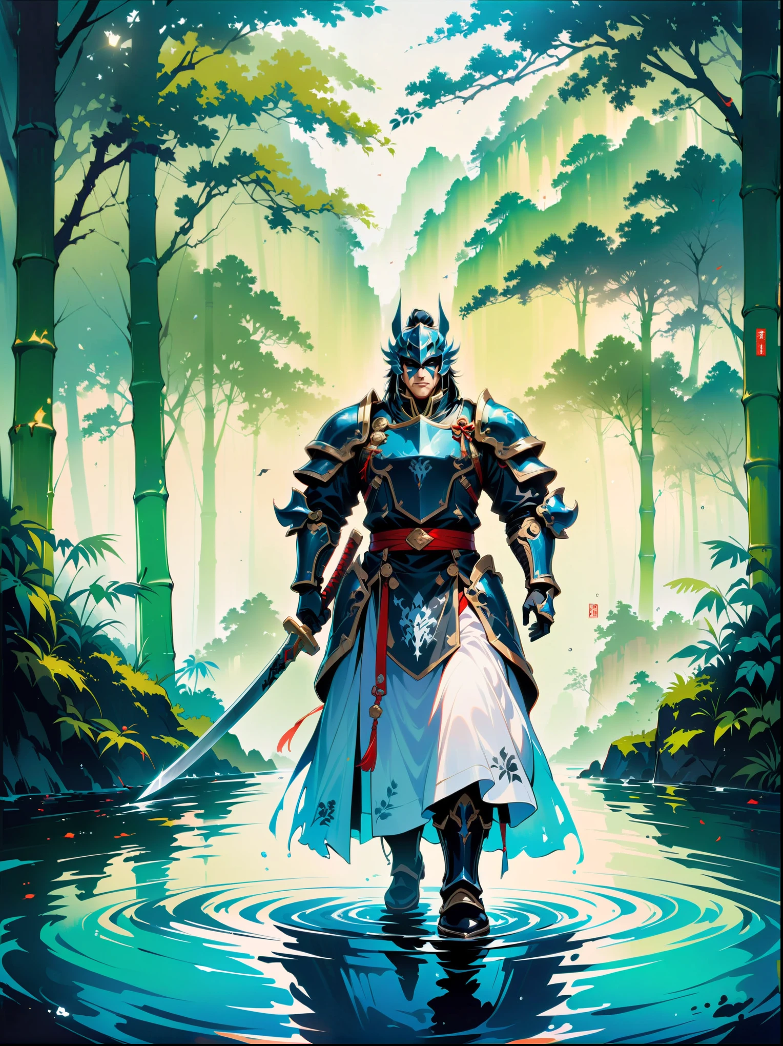 Ink painting，Male knight on the water，(Anatomically correct and precise facial structure, detailed facial depiction, and delicate facial features)，A bamboo forest behind，sword，landscape，Ultra HD resolution，Freehand style，majestic，Natural light，(first-person view, masterpiece, ccurate, high details, best quality, 8k)