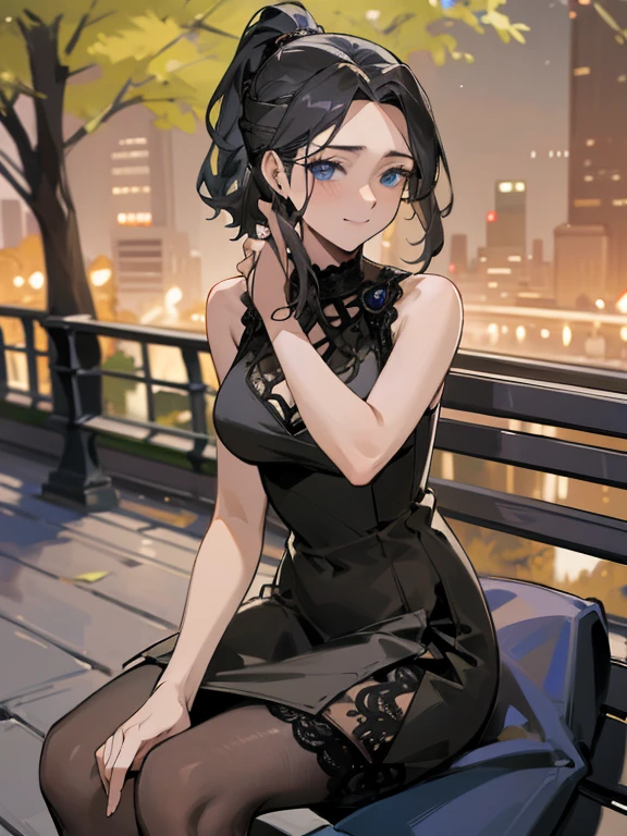 inoris, mature female, black hair, blue eyes, ponytail, pantyhose, tight short sleeveless dress, lace, smile, bench, central park at night, cowboy shot, sitting,, highly detailed, HD, 4K, Masterpiece, highres