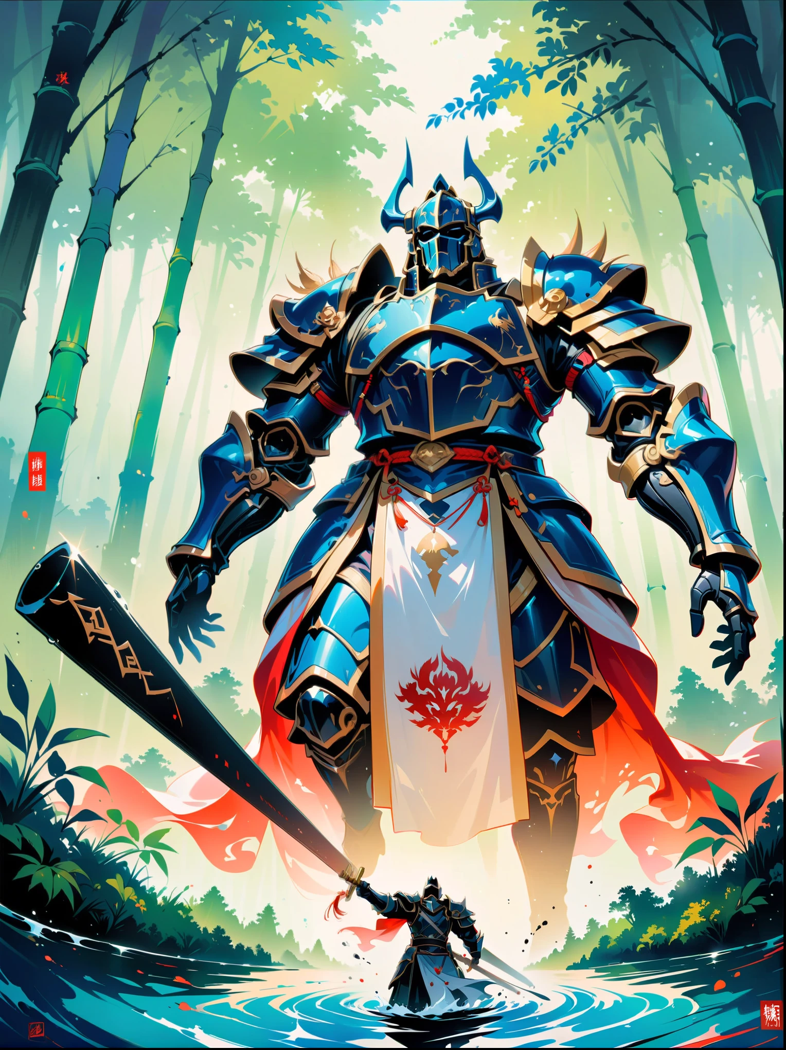 Ink painting,Male knight on the water,(Anatomically correct and precise facial structure, detailed facial depiction, and delicate facial features),A bamboo forest behind,sword,landscape,Ultra HD resolution,Freehand style,majestic,Natural light,(first-person view, masterpiece, ccurate, high details, best quality, 8k)