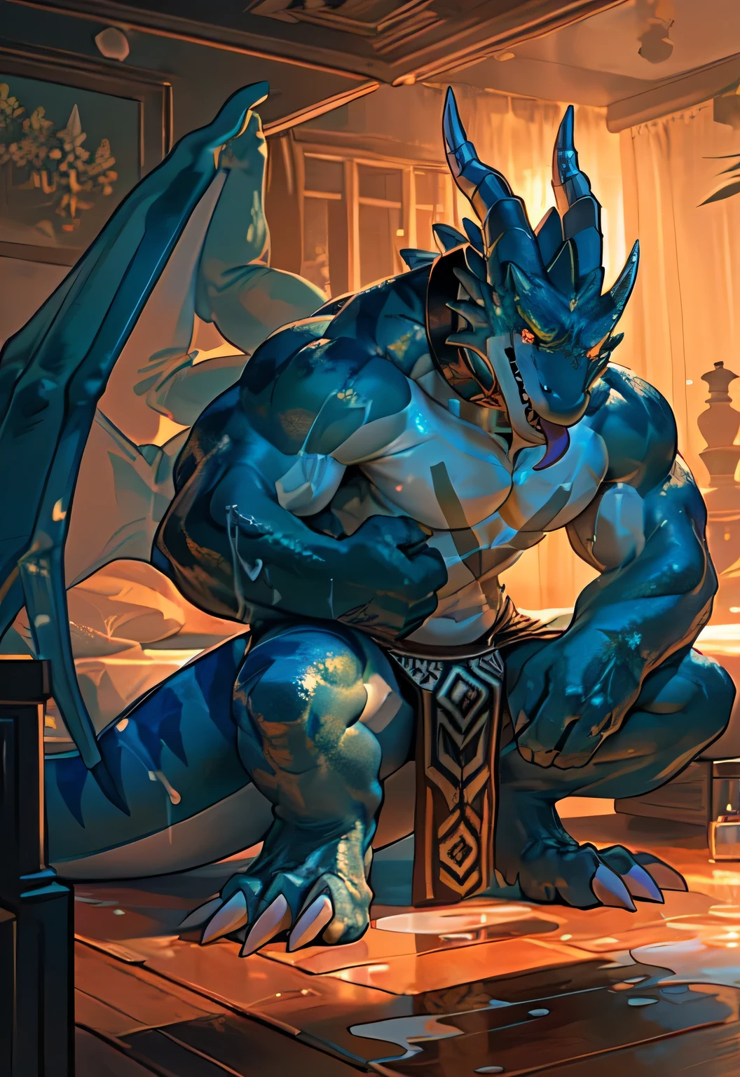 alone, (muscular), (Male human dragon):1.3, Bright scales, (Kamimei):1.3, (Common:1.4) (prayer):1.23, (，Wearing a short white loincloth）, exquisite eyes, lizard tail,A pair of dragon horns, A pair of dragon wings, (exquisite eyes，stripe，sharp claws，Cute animal paw，Sticking out tongue，careless person，Liquid spilled all over body，Air leakage in lower body，Fluid leaking from the lower body，Milk spilled all over the floor，glowing eyes):1.1, (in the room:1.35), In the bedroom，Squatting on the bed，dim，be licked，enjoy，obsessed， Face turned red，collar，Submit to，caress，drunk，Smile，enjoy，looking at camera，Submit to，having fun，Detailed background，realistically，realistic hand，8k high dynamic range，（shadow，wide dynamic range，high dynamic range，emphasize：1.2）