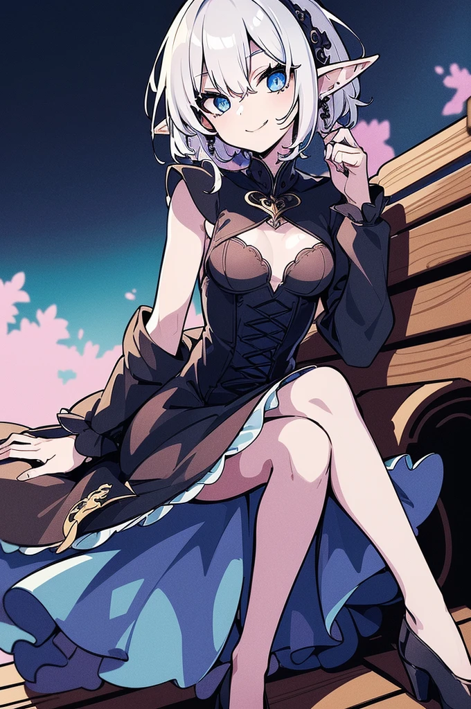 Masterpiece,(Highres,4k,highly detailed, best quality), 1 woman, elf ears, gentle face, sweet, very short wavy white hair, glowing blue dragon eyes, smiling, slender and tall, sitting on a bench in a void, wearing a long not revealing gothic ornate dress, small-medium chest, blue eyes, very short hair, asymmetrical hair