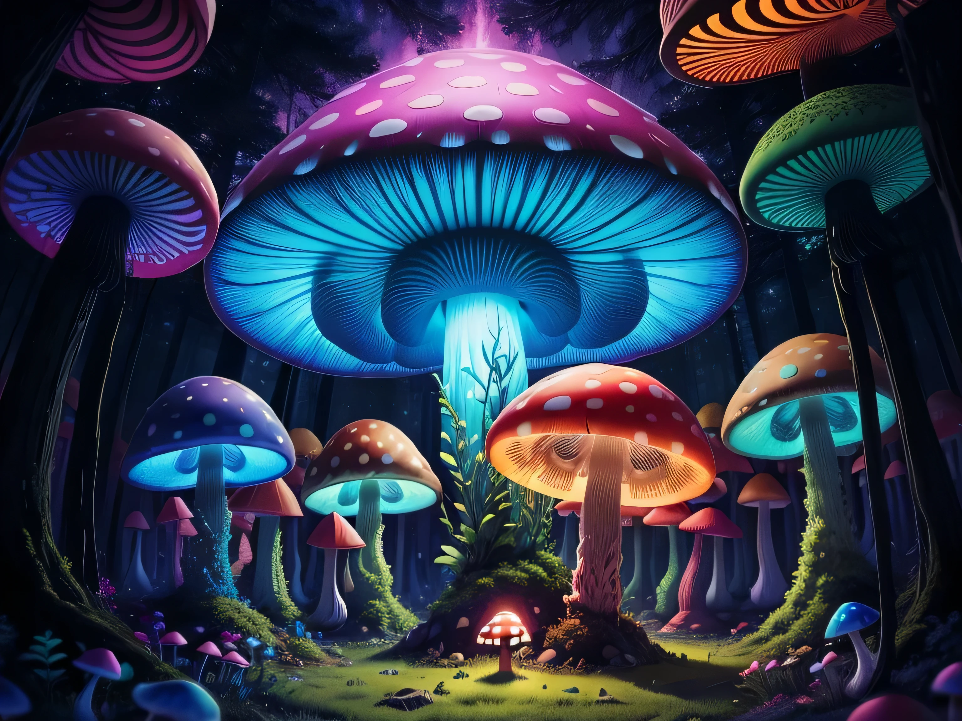 Brightly colored mushrooms in a dark wooded forest, neon mushroom, magic mushroom, Trippy Mushroom, Psychedelic mushroom dream, dark mushroom, nuclear mushroom, quirky art, mushroom forest, Fluorescent mushrooms, just a joke, giant mushroom, glowing mushroom, giant fluorescent bacteria, Psychedelic Forest, psychedelic, psychedelic illustration, alien mushroom with tentacles, magic mushrooms