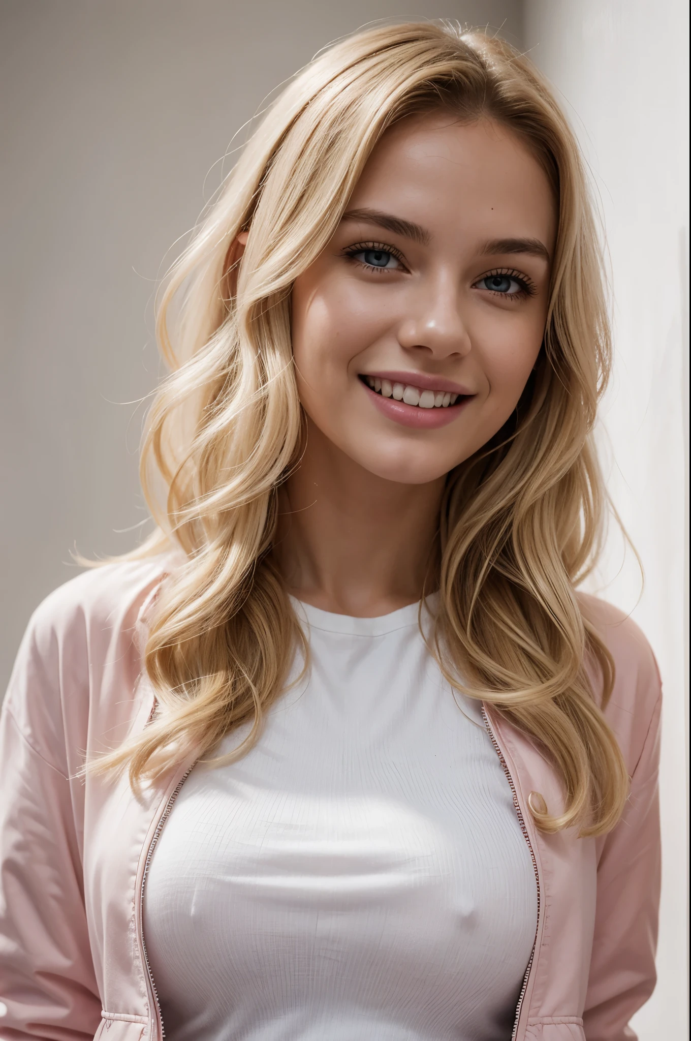 masterpiece, best quality, extremely detailed, hyperrealistic, photorealistic, a beautiful 20s french model, white background, pink jacket:1.2, white t-shirt, ultra detailed face, wavy hair, blonde hair, pale skin, busty breasts, laughing