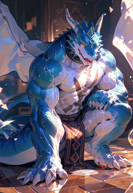 alone, (muscular), (Male human dragon):1.3, Bright scales, (Kamimei):1.3, (Common:1.4) (prayer):1.23, (,Wearing a short white loincloth), exquisite eyes, lizard tail,A pair of dragon horns, A pair of dragon wings, (exquisite eyes,stripe,sharp claws,Cute animal paw,Sticking out tongue,careless person,Liquid spilled all over body,Air leakage in lower body,Fluid leaking from the lower body,Milk spilled all over the floor,glowing eyes):1.1, (in the room:1.35), In the bedroom,Squatting on the bed,dim,be licked,enjoy,obsessed, Face turned red,collar,Submit to,caress,drunk,Smile,enjoy,looking at camera,Submit to,having fun,Detailed background,realistically,realistic hand,8k high dynamic range,(shadow,wide dynamic range,high dynamic range,emphasize:1.2)