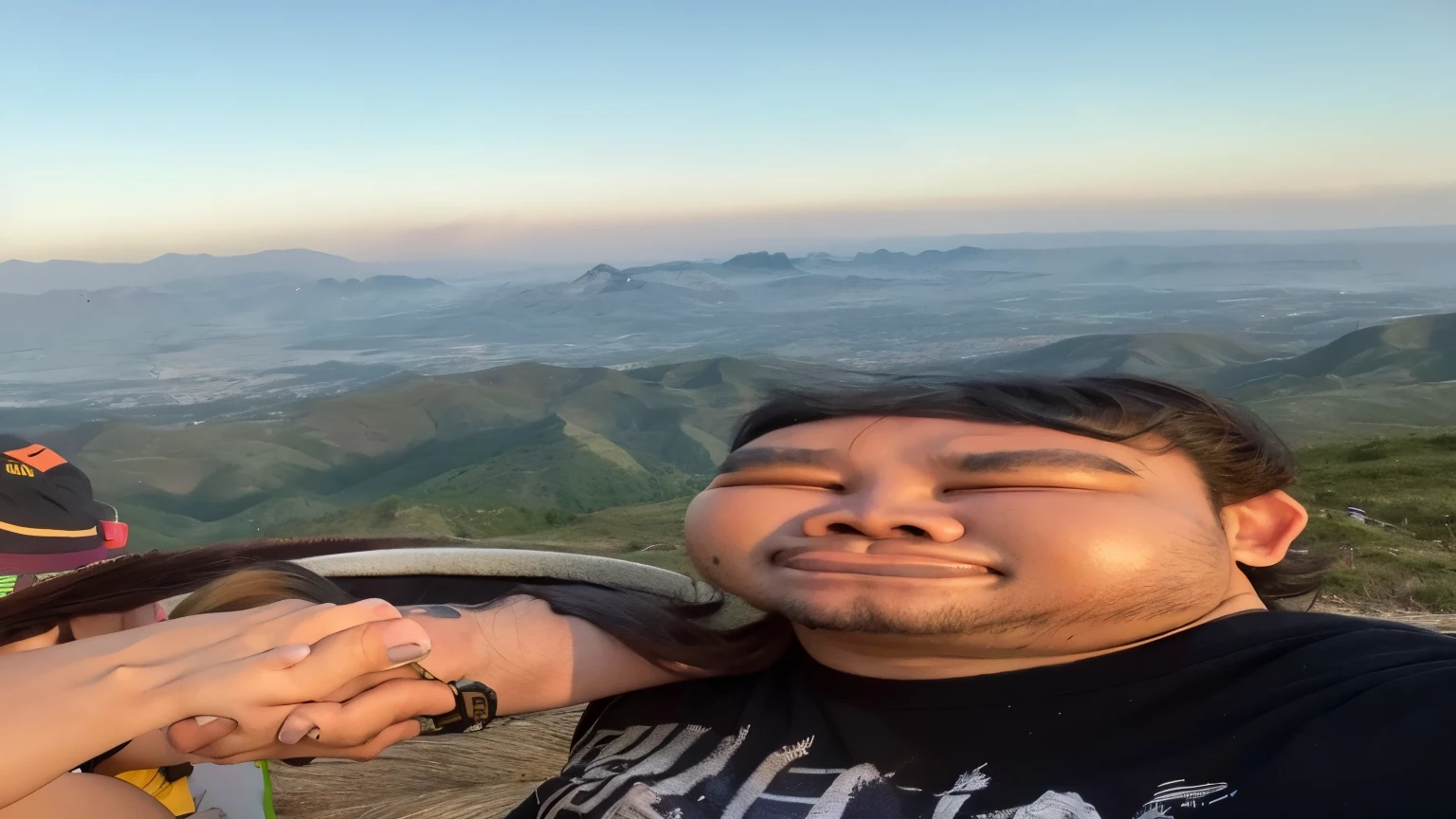 Posing for a photo on the top of a mountain with a view., during sunset, with The mountains are the background., with the sunset, มีThe mountains are the background., โดยมีThe mountains are the background., mountains in the background, in the mountains, Very low quality images, 8K selfie photos, hills in the background, The mountains are the background., There are mountains far away.