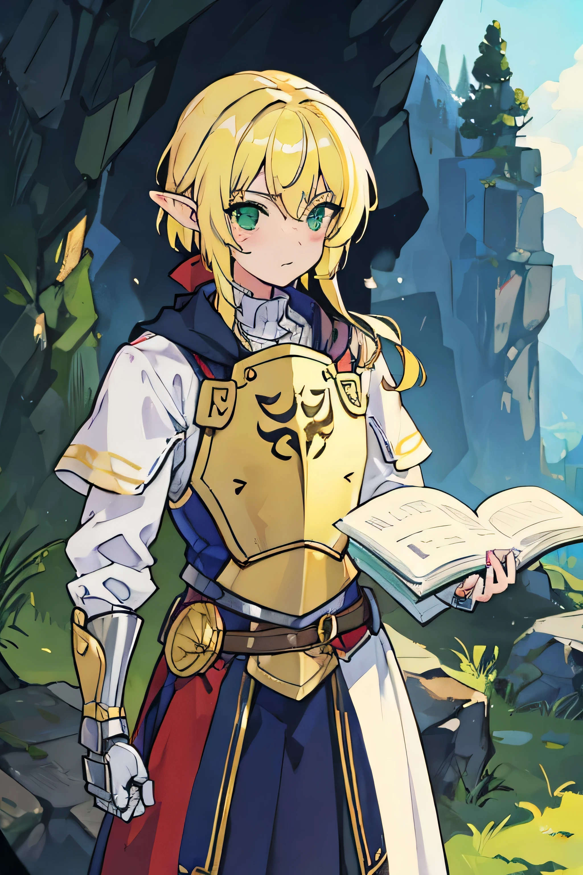 Male elf, cute, blonde hair green eyes, knight, paladin, lithe, agile