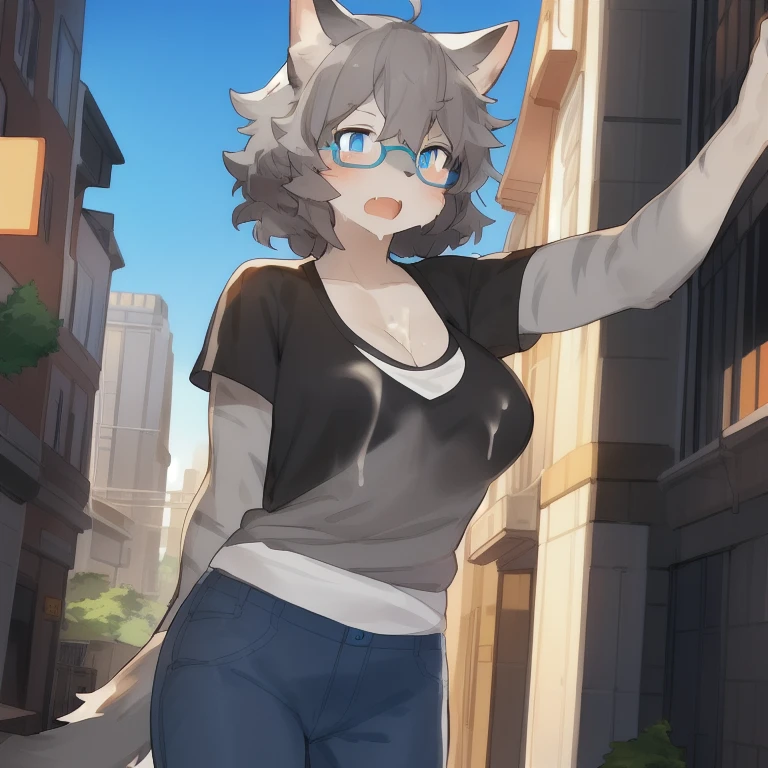 Perfectly detailed hands, solo, female, hair, (((detailed eyes))), city, golden hour, plants, (((by bebebebebe))), by buta99, by pgm300, by kishibe, by suurin 2, by sindoll, (((dark grey hair))), (((wavy hair))), stripes, (((grey fur))), (((grey body))), tabby, feline, glasses, tee shirt, (((blue eyes))), open mouth, facing camera, standing, jeans, cleavage, blue glasses, (((messy hair))), short hair, surprised, shocked, embarassed