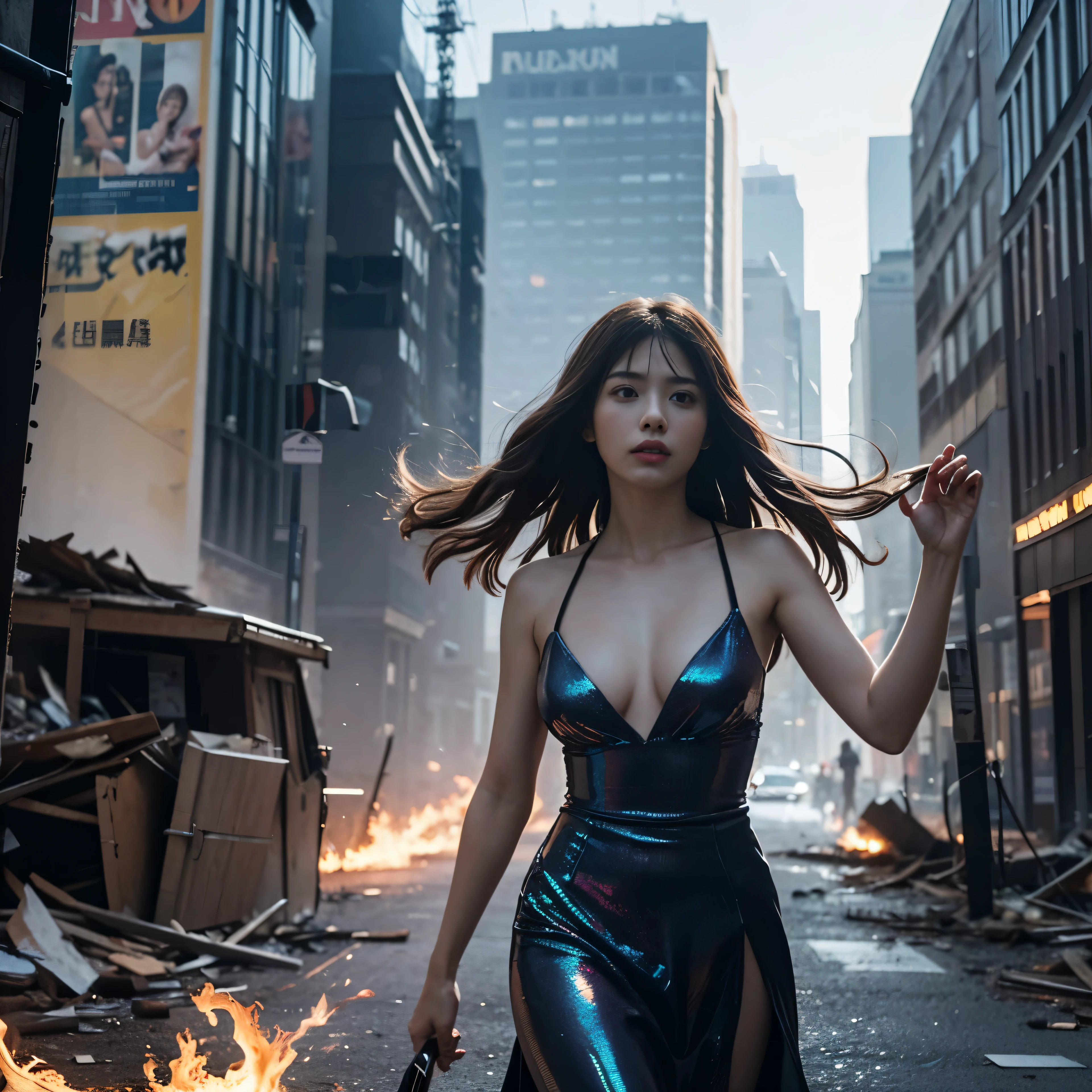 (highest quality、4k、8k、High resolution、master piece: 1.2)、Super detailed、(real、photorealistic、photorealistic: 1.37)、Destruction of a Great City、(A telekinetic woman stands in front of a spaceship controlled by the invaders:1.37) 、(Women are young and beautiful、18-year-old、unparalleled beauty:1.5)、Insert mental barriers to resist robot attacks、vibrant cityscape、Bright colors、Shining skyscrapers、busy street、Futuristic architecture and technology、Advanced holographic display、Neon light splashes 、dramatic lighting、intense shadow、Awe-inspiring power that exudes from women、Determination in His Eyes、An elegant flowing gown、Dynamic action in the wind、Reach out and rush towards the robot.、A powerful energy emanates from the hands、Blue glowing aura、sparks of electricity、electricity crackling in the air、A vortex of energy surrounding a woman、A fascinating and surreal atmosphere、A sense of danger and impending destruction、Background chaos and destruction、Crumbling buildings、flying debris、Smoke and flames、 The contrast between beauty and destruction、The war between technology and the extraordinary power of young women,strider,EdobTWOTWTripod
