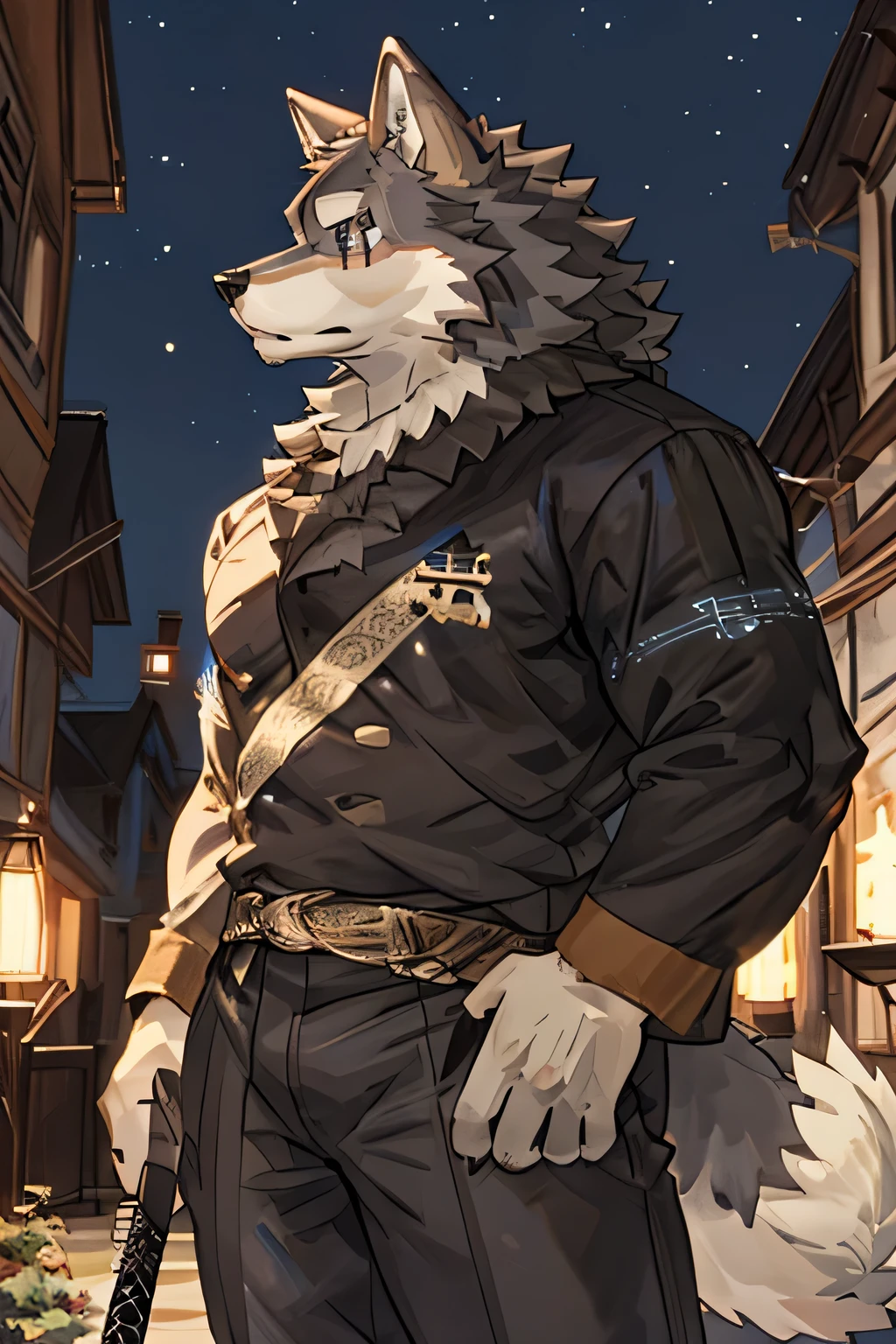 alone, Kanno, (Wolf), Humanity, male, (white hair), Tail,two - handed sword,runes,evening,muscle
