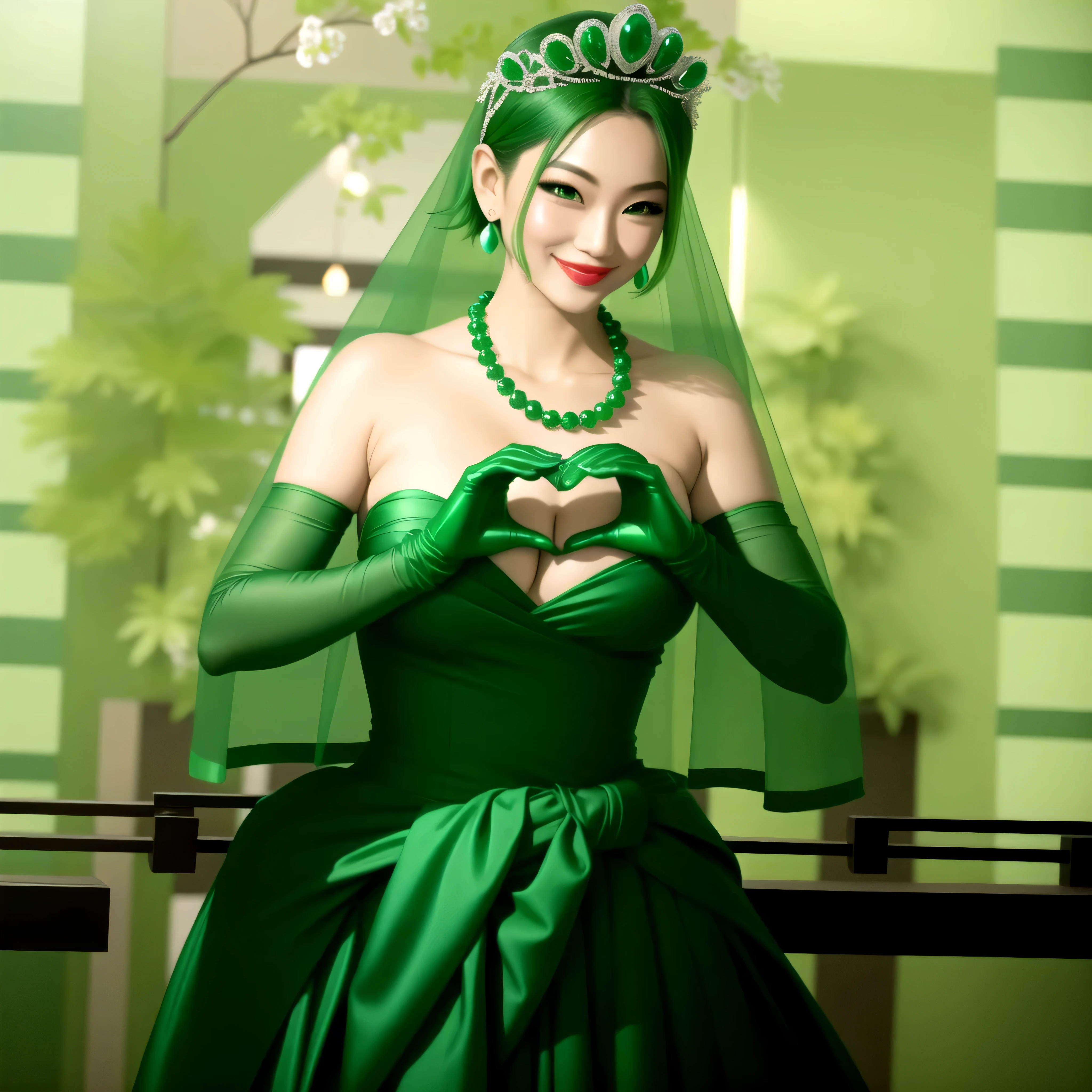 emerald tiara, green pearl necklace, boyish very short green hair, green lips, smiling Japanese woman, very short hair, Beautiful woman with big breasts, green eyes, green satin long gloves, green eyes, emerald earrings, green veil, Heart with both hands, green hair, beautiful japanese woman, heart shaped hands:1.3, green lip gloss