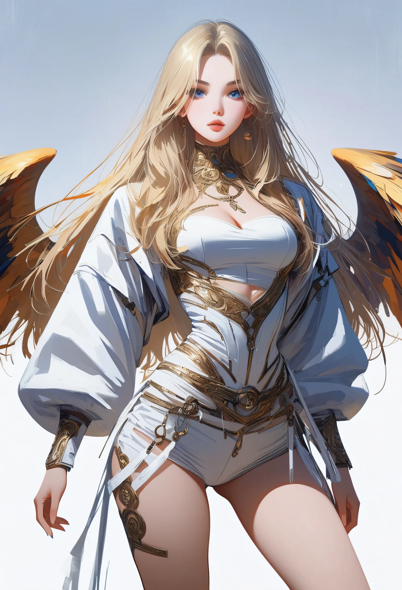 ((masterpiece,best quality,8K,High resolution)),((character concept art)), 1 female, noble, Old money atmosphere, supermodel, fashion model, 35 years old, (long blonde hair), blonde hair, (fair complexion), Super fine eyes (blue eye color), extraordinary gorgeous, grace, charming, clever, calm, Perfect body ((slim and curvaceous)), ((intricate details)), Ultra-delicate hand details, super thin fingers(((Ten fingers))), Wearing a white blazer、White shirt and white pants (stand still), (full body display), ((show the whole body)), (No logos on background), (No logo), ((solid color background)), ((solid color background)), (((empty background)))