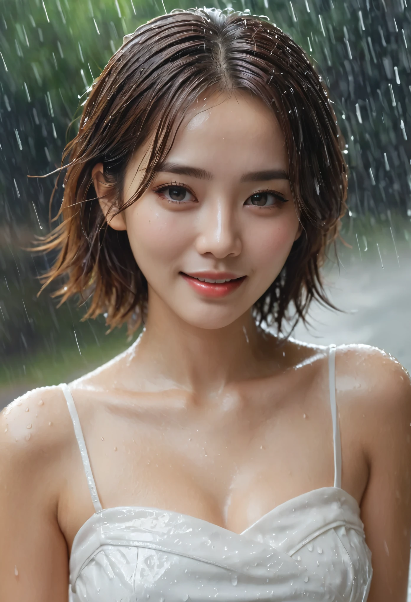 ((best quality, 8 thousand, masterpiece:1.3)), Concentrate upon: 1.2, perfect body beauty: 1.4, hip: 1.2, ((layered haircut, chest: 1.2)), (wet clothes: 1.1), (rain, distance:1.3), bandeau dress: 1.1, Highly detailed face and skin texture, good eyes, double eyelid, Whitening skin, long hair, (shut up: 1.3), laugh