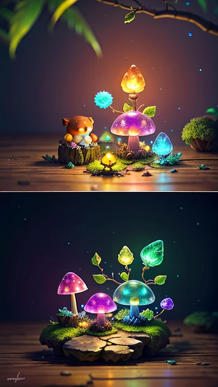 Fantasy in crystals, "Ethereal rose, Cute slime animals, glowing little mushrooms surrounded by delicate foliage and branch, and firefly and glowing particle effect", (natural elements), (jungle theme), (foliage), (branch), (firefly), Butterfly, (delicate foliage), (glow), (particle effect), Surreal, super detailed, dramatic lightning, 4K, masterpiece,