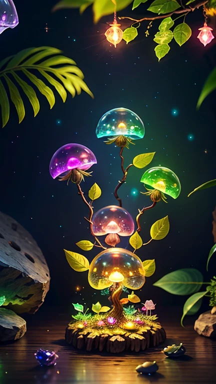 Fantasy in crystals, "Ethereal rose, Cute slime animals, glowing little mushrooms surrounded by delicate foliage and branch, and firefly and glowing particle effect", (natural elements), (jungle theme), (foliage), (branch), (firefly), Butterfly, (delicate foliage), (glow), (particle effect), Surreal, super detailed, dramatic lightning, 4K, masterpiece,