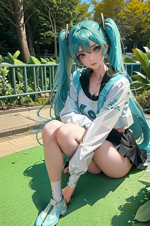 (Seios grandes Hatsune Miku，electronic singer，cabelo verde，Ombros nus，uma saia preta，mangas pretas，(Blusa de cor branca)，Roupas brancas，8k，A high resolution，olhos verdes，fundo do concerto，No local do concerto，em concerto，Only beautiful thighs are exposed，the clothes are white，appear on the arm appear un 01，The number is 01，fundo brilhantes ，Leaves&#39;, cabelo de alta qualidade 8k ，The eyes of the anime heroine，Olhos de detalhes ultraelevados，olhos de alta qualidade , Olhos de alto detalhe , in bra full body standing looking at public spectator. 