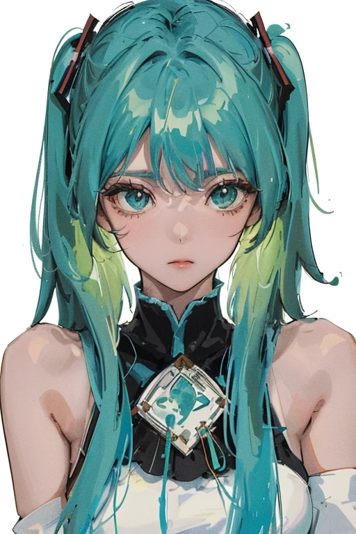 (Seios grandes Hatsune Miku，electronic singer，cabelo verde，Ombros nus，uma saia preta，mangas pretas，(Blusa de cor branca)，Roupas brancas，8k，A high resolution，olhos verdes，fundo do concerto，No local do concerto，em concerto，Only beautiful thighs are exposed，the clothes are white，appear on the arm appear un 01，The number is 01，fundo brilhantes ，Leaves&#39;, cabelo de alta qualidade 8k ，The eyes of the anime heroine，Olhos de detalhes ultraelevados，olhos de alta qualidade , Olhos de alto detalhe , in bra full body standing looking at public spectator. 