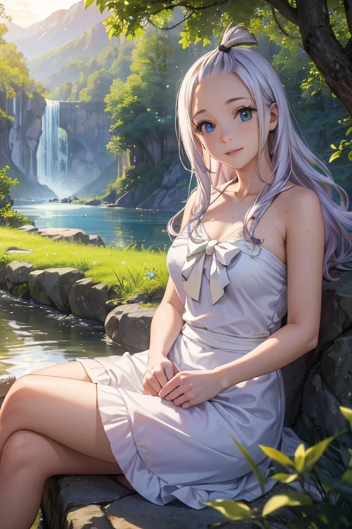 (realistic,photorealistic,photo-realistic:1.37),ultra-detailed,beautiful smile,bath towel,Mirajane Strauss,22 years old, girl,glowing skin,soft, wavy hair,sparkling blue eyes,sunlight filtering through leaves,cute freckles,on a grassy field,stunning sunset in the background,vibrant colors,peaceful atmosphere,natural beauty,subtle shadows,elegantly posed,Lucy Heartfilia sitting beside her,looking at each other with warmth and friendship,both wearing matching bracelets,distant mountains and a clear river flowing nearby,whispering breeze,touch of magic in the air