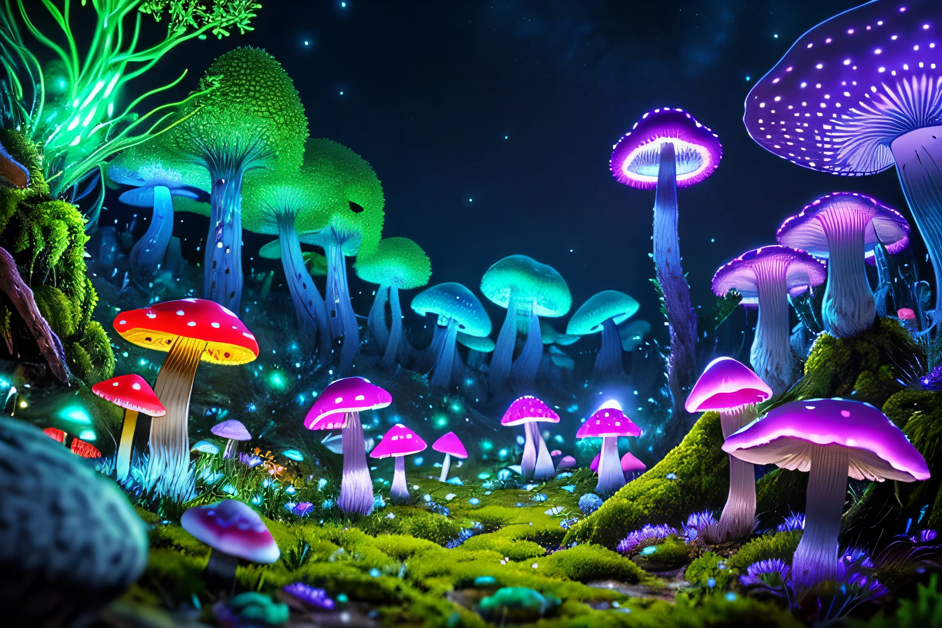 (very detailed:1.2),(highest quality:1.2),8K,sharp focus, (scattered below the surface:1.1)
(Glowing magical bioluminescent mushrooms:1.2),psychedelic magic particles in the air,  (neon bioluminescent mushroom forest at night:1.2), (magic firefly:1.2)
(Very detailed trees、rocks and moss:1.2), (very detailed background:1.3), roleplaying game, Eldon Ring Style, (fantasy:1.3),(surreal:1.1), (((night))), movie lighting, very detailed, art station,Smooth, sharp focus, types of bacteria, Greg Rutkoski, edited pick, trending on art station, trending on deviantart, Please knock me out, (compared:0.4),