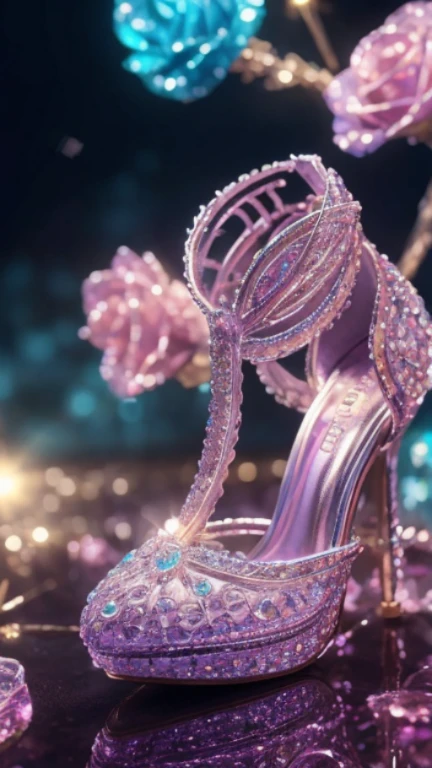Crystal Rose in the Crystal Shoe, fantasy, galaxy, clean, shiny, shiny, brilliant, rich and colorful, amazing photography, dramatic lighting, Photo realism, Super detailed, 4K, depth of field, high resolution