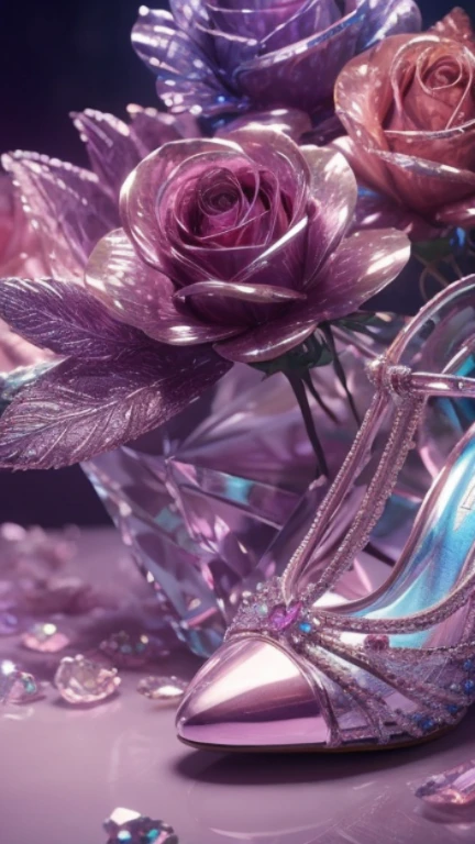 Crystal Rose in the Crystal Shoe, fantasy, galaxy, clean, shiny, shiny, brilliant, rich and colorful, amazing photography, dramatic lighting, Photo realism, Super detailed, 4K, depth of field, high resolution