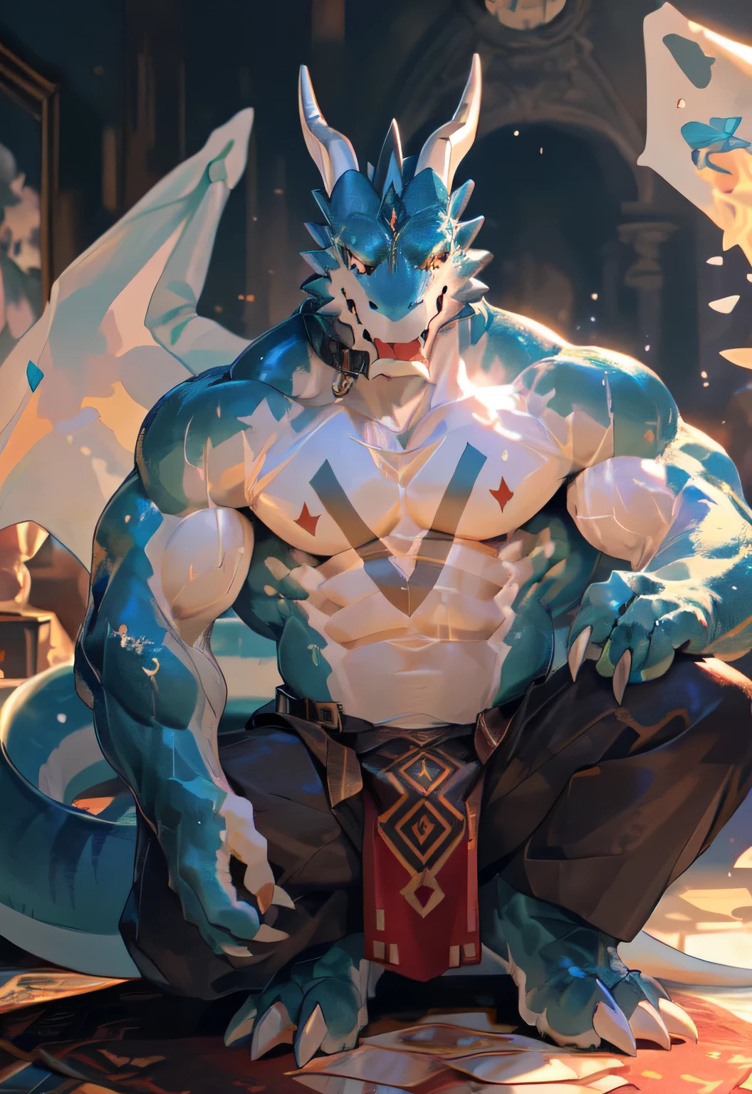 alone, (muscular), (Male human dragon):1.3, Bright scales, (Kamimei):1.3, (Common:1.4) (prayer):1.23, (，Wearing a short white loincloth）, exquisite eyes, lizard tail,A pair of dragon horns, A pair of dragon wings, (exquisite eyes，stripe，sharp claws，Cute animal paw，Sticking out tongue，careless person，Liquid spilled all over body，Air leakage in lower body，Fluid leaking from the lower body，Milk spilled all over the floor，glowing eyes):1.1, (in the room:1.35), In the bedroom，Squatting on the bed，dim，be licked，enjoy，obsessed， Face turned red，collar，Submit to，caress，drunk，Smile，enjoy，looking at camera，Submit to，having fun，Detailed background，realistically，realistic hand，8k high dynamic range，（shadow，wide dynamic range，high dynamic range，emphasize：1.2）