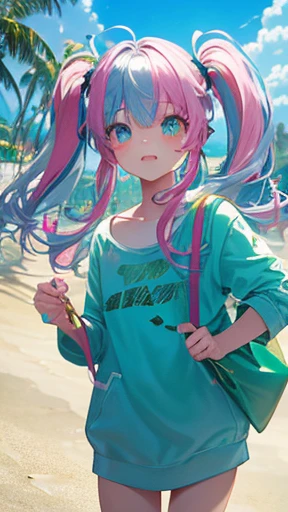 (rainbow colored hair, colorful hair, half silver、half pink hair: 1.2), ,long hair、************、(Cinematic digital artwork: 1.3), high quality, table top, Turquoise eyes、最high qualityの, Super detailed, figure, [4K digital art]!!、 Kyoto animation style, one woman, clavicleの美しさ, clavicle, light, want, , positive, Dead leaves dance、（Ocean、sandy beach）、Full、taking a walk、((green、trendy clothes))、（（Scarlet、Polka dot unset, motivation, shine, dynamic perspective、Blue glasses、green色リボン、twin tails、embarrassed face、cute face、happy face