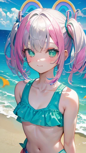 (rainbow colored hair, colorful hair, half silver、half pink hair: 1.2), ,long hair、************、(Cinematic digital artwork: 1.3), high quality, table top, Turquoise eyes、最high qualityの, Super detailed, figure, [4K digital art]!!、 Kyoto animation style, one woman, clavicleの美しさ, clavicle, light, want, , positive, Dead leaves dance、（Ocean、sandy beach）、Full、taking a walk、((green、trendy clothes))、（（Scarlet、Polka dot unset, motivation, shine, dynamic perspective、Blue glasses、green色リボン、twin tails、embarrassed face、cute face、happy face