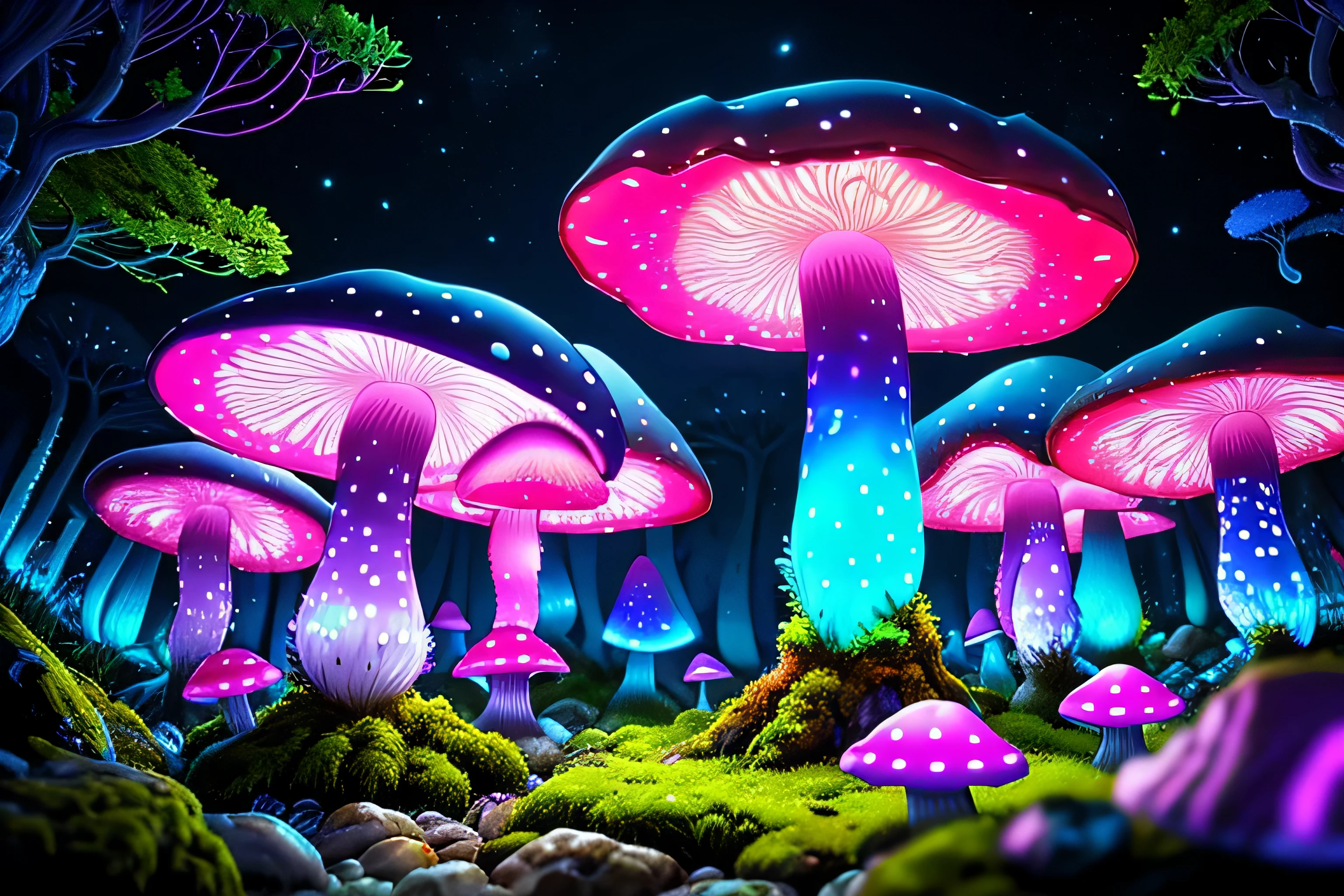 (very detailed:1.2),(highest quality:1.2),8K,sharp focus, (scattered below the surface:1.1)
(Glowing magical bioluminescent mushrooms:1.2),psychedelic magic particles in the air, (neon bioluminescent mushroom forest at night:1.2), (magic firefly:1.2)
(Very detailed trees、rocks and moss:1.2), (very detailed background:1.3), roleplaying game, Eldon Ring Style, (fantasy:1.3),(surreal:1.1), (((night))), movie lighting, very detailed, art station,Smooth, sharp focus, types of bacteria, Greg Rutkoski, edited pick, trending on art station, trending on deviantart, Please knock me out, (compared:0.4),