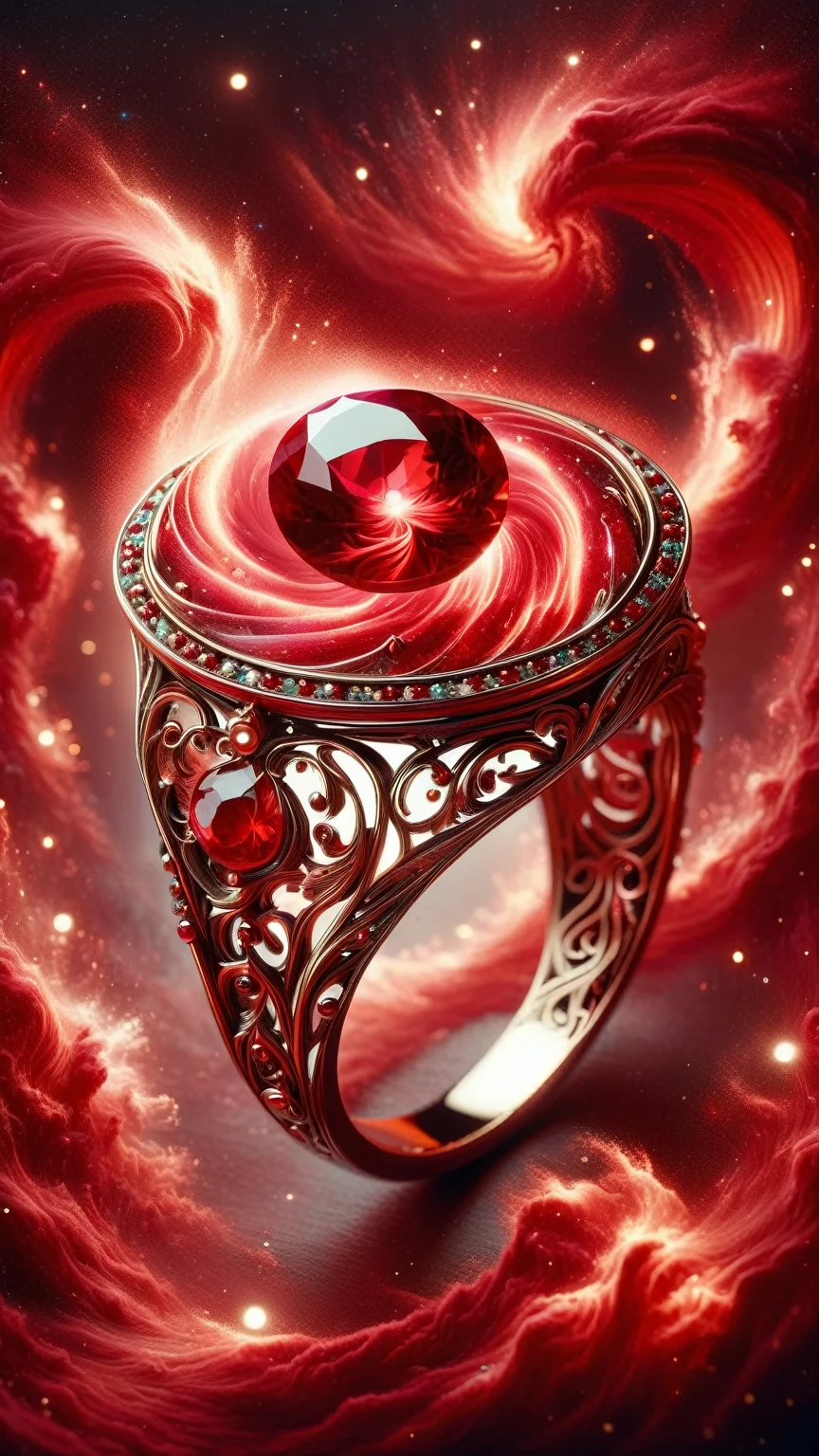 Raging Nebula, Magical and gorgeous ruby and pearl ring, The interior of the ring is swirling with red nebula storms, perfect composition, surreal, super detailed, 8K, high quality, pop art, Popular topics on ArtStation, sharp focus, Studio photos, intricate details, Very detailed,