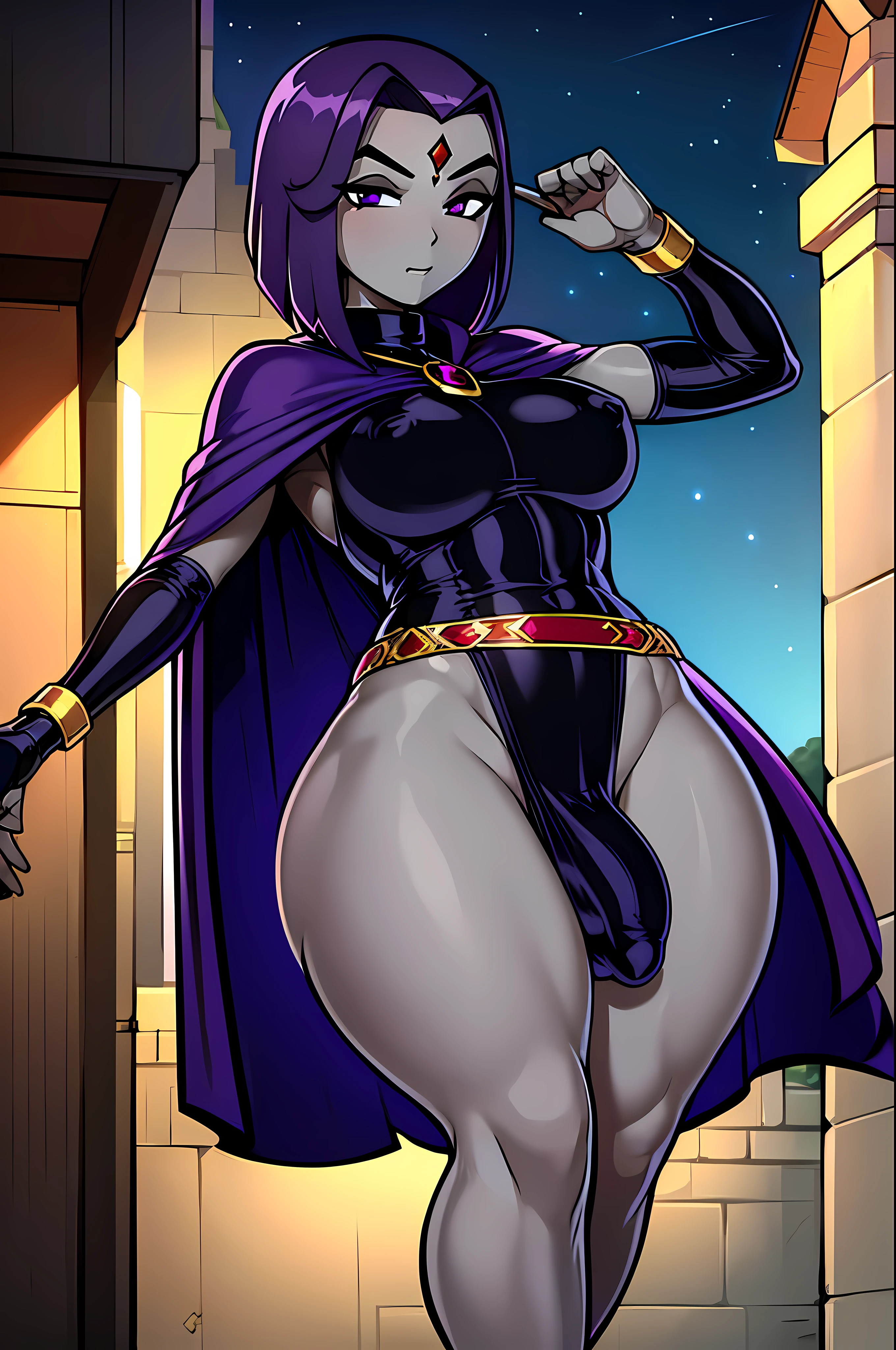 (solo:1.1),(masterpiece), (best quality:1.3), ultra detailed, intricate, professional art, digital art, absurdres, shadraven, 1girl, solo, (grey skin:1.4), dark purple hair, bob hair, purple eyes, hips wider than shoulders, pear shaped body, jewellery, detailed thighs, (small brests:1.3), thick thighs, red jewel in forehead, jewels, turtleneck leotard, cuffs, dark purple cloak, Shadraven broach, Shadraven belt, Shadraven wearing a leotard posing outside at night, large penis bulge, testicle bulge, crotch bulge , universal lighting,,
