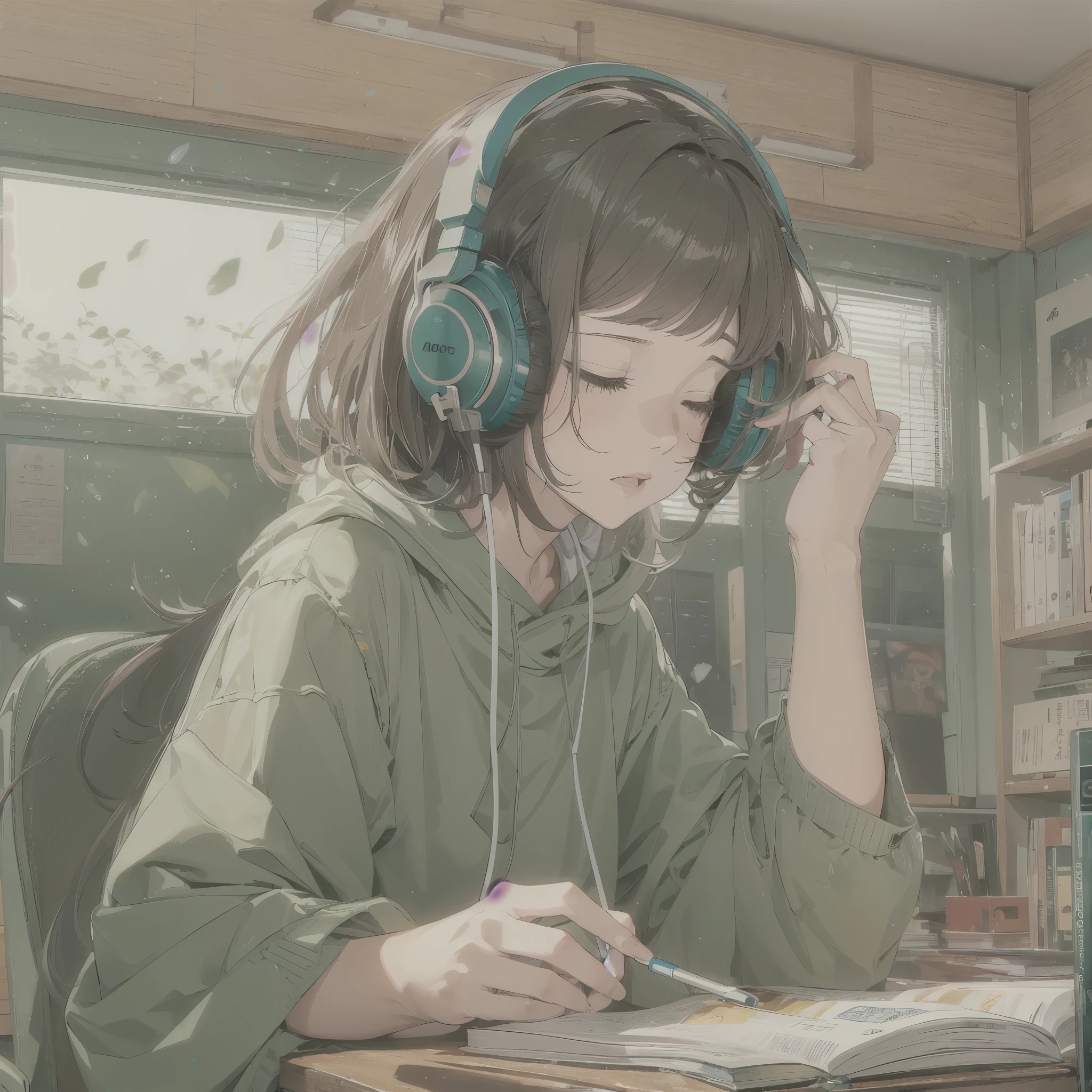 ((lo fi music for study: 1.3) +(japanese aesthetic: 1.1))e(auto-estudo:0.9),Minimalista, Ambiente, cores silenciadas,peaceful, Relaxed, aconchegante,calmo,ritmo lento,conducive for concentration,reconfortante, night time, livro aberto, coffee cup, desk lamp, light rain outside,estudante, green colour headphones on head,leitura, produtivo.