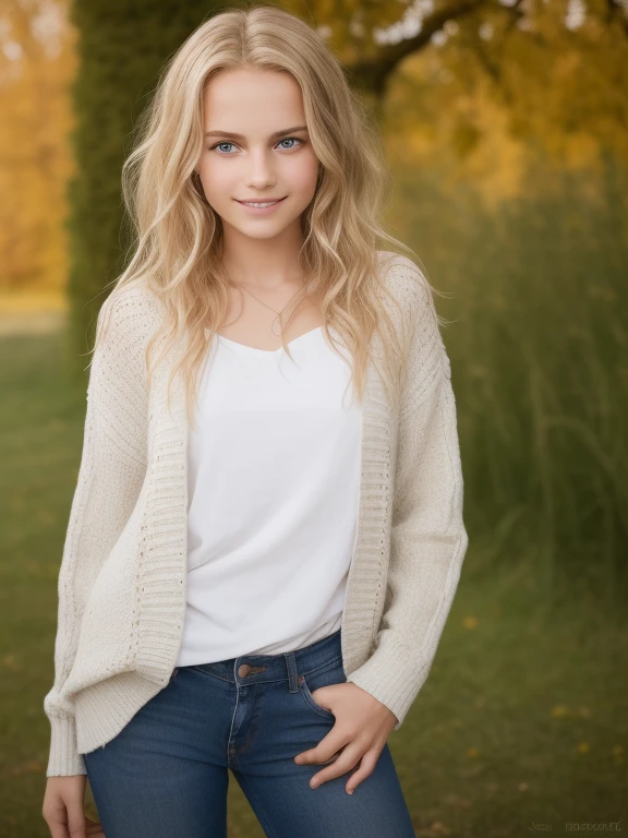 13 year old European female, reifen, beautiful female Arafed model, Augenfalten , Falten um den Mund, Stirnfalte, attractive beautiful face, blonde hair with blonde highlights, big floppy , fotorealistisch, Sommersprossen Gesicht, Cinematically beautiful natural skin, trained body, beautiful model girl, guckt direkt in die Kamera, RAW Fotografie sehr realistisch, Shot from waist height, smile, Haare zusammengebunden, Bags under the eyes, Full body image, Betonung der Gesichtsdetails, sultry and mysterious smile, Enges durchsichtiges Sweatshirt, blaue Jeans